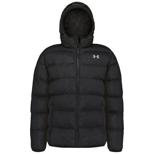 Manteau Mi-Saison - Under Armour noir matelassé avec capuche, style sport isolant, en polyester, vue de face.