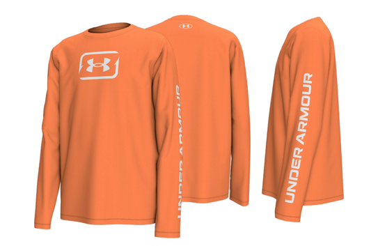 Chandail U.V - Under Armour orange à manches longues en tissu technique, logo blanc, vue de face, dos et profil adulte homme