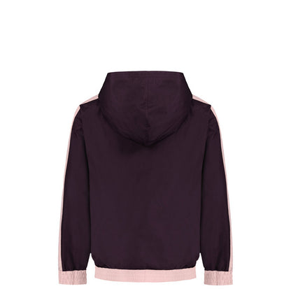Manteau Mi-Saison - Under Armour violet foncé avec détails roses, capuche, manches longues, vue de dos sur fond blanc.