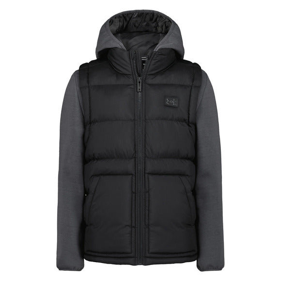 Manteau Mi-Saison - Under Armour noir matelassé avec manches et capuche en tissu gris, style hybride, vue de face.
