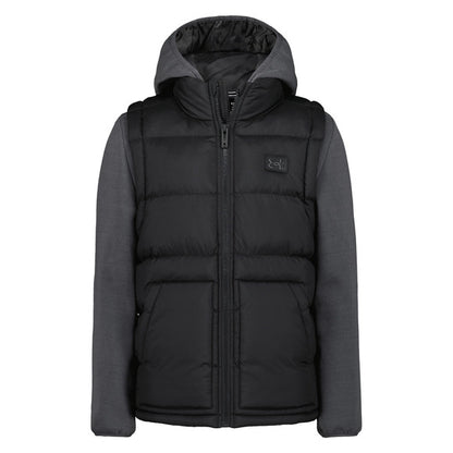 Manteau Mi-Saison - Under Armour noir matelassé avec manches et capuche en tissu gris, style hybride, vue de face.