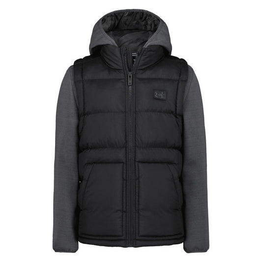 Manteau Mi-Saison - Under Armour noir matelassé avec manches et capuche en tissu gris, style hybride, vue de face.