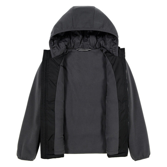 Manteau Mi-Saison - Under Armour gris foncé et noir à capuche, style décontracté avec ouverture frontale, vue de face intérieur visible.