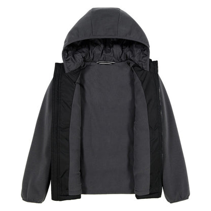 Manteau Mi-Saison - Under Armour gris foncé et noir à capuche, style décontracté avec ouverture frontale, vue de face intérieur visible.