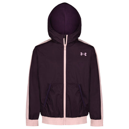Manteau Mi-Saison - Under Armour violet foncé avec bandes et fermeture éclair rose pâle, capuche et poches avant, vue de face.