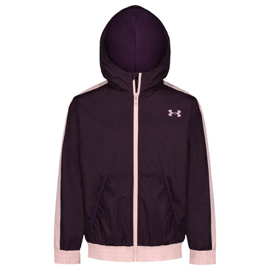 Manteau Mi-Saison - Under Armour violet foncé avec bandes et fermeture éclair rose pâle, capuche et poches avant, vue de face.