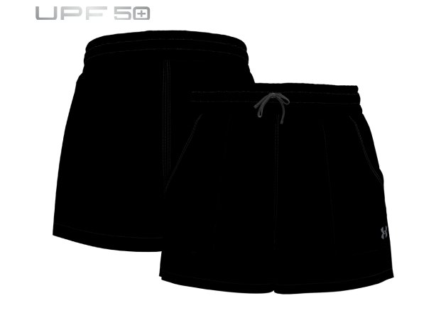 Short maillot de bain - Under Armour noir à taille élastique avec cordon, coupe courte, vue de face et de dos, tissu léger technique.