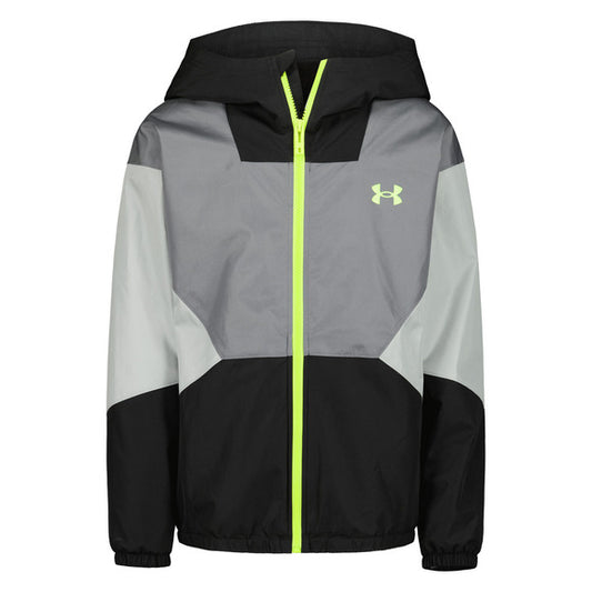 Manteau Mi-Saison - Under Armour avec capuche, coupe droite, fermeture éclair jaune fluo, couleurs noir, gris et blanc, vue de face.