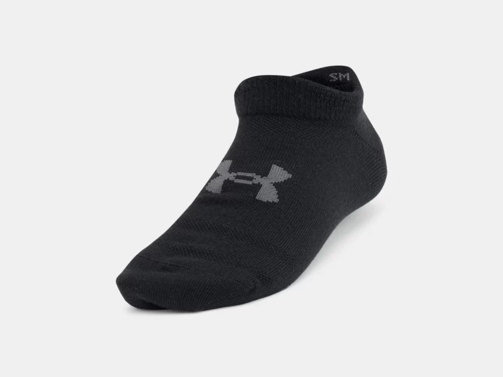 6 Paires de bas - Under Armour noirs ultra-légers avec logo gris, empiècements mesh, taille enfant, vue de profil droit