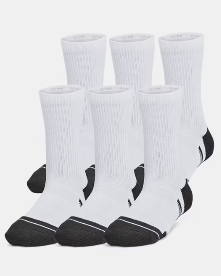 6 Paires de bas - Under Armour blancs avec pointe et talon noirs, mi-mollet, pour enfant, vue de face en groupe.