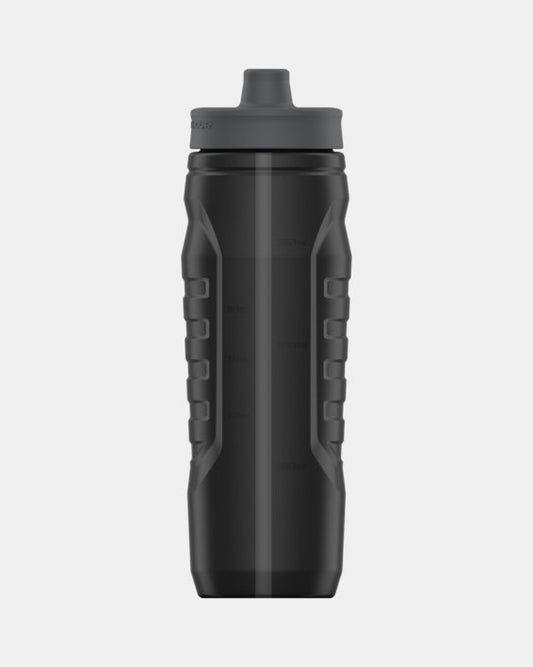 Bouteille - Under Armour noire avec bouchon gris à ouverture rapide, design ergonomique, vue de face.