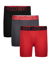 3 Paires de boxers - Under Armour rouges, gris et noirs avec ceinture logo rouge et noire, pour garçon, vue de face.