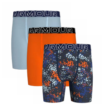 3 Paires de boxers - Under Armour, bleu clair, orange uni et motif camouflage bleu et orange, pour garçon, vue de face.