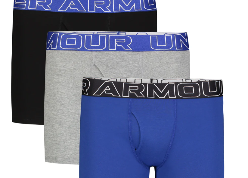 3 Paires de boxers - Under Armour bleu, gris et noir, ceinture logo contrastée, style garçon, vue de face.