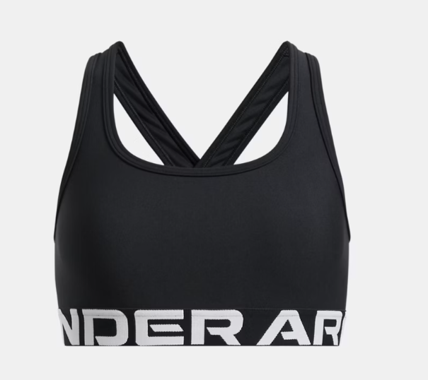 Camisole sport - Under Armour noire en tissu lisse avec bretelles croisées et bande logo blanche, pour fille, vue de face.