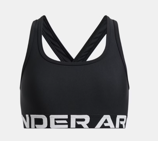 Camisole sport - Under Armour noire en tissu lisse avec bretelles croisées et bande logo blanche, pour fille, vue de face.