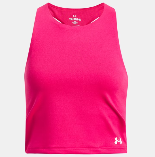 Camisole de sport - Under Armour rose fuchsia en polyester et élasthane, sans manches, pour fille, vue de face.