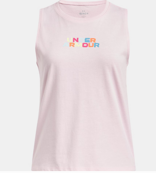 Camisole - UA Rainbow Wordmark Under Armour rose clair en mélange coton, logo multicolore, pour fille, vue de face.