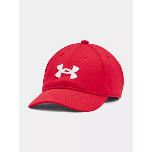 Casquette - UA Blitzing Under Armour rouge en tricot texturé avec logo blanc, bandeau élastique, pour garçon, vue de trois quarts face.
