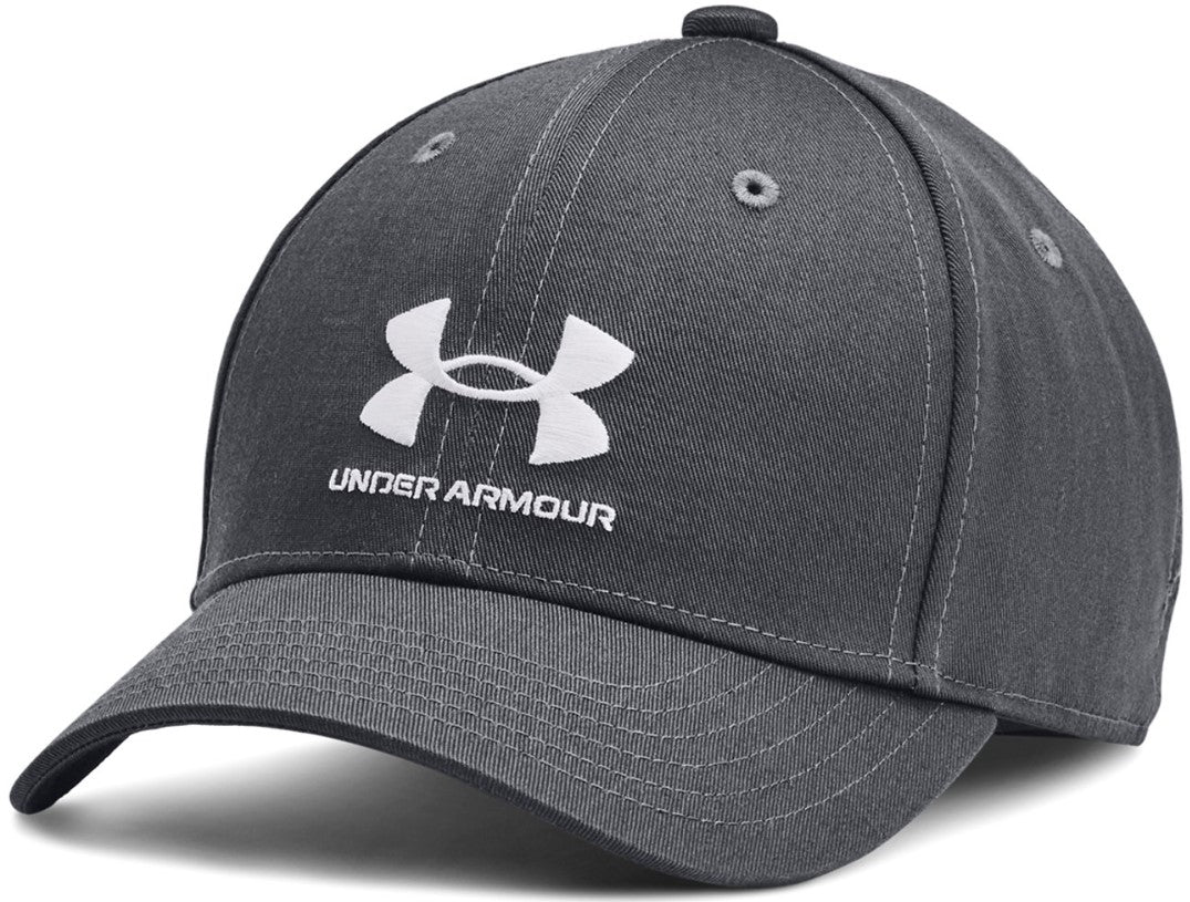 Casquette - Branded Lockup Under Armour grise à 6 panneaux avec logo blanc, ajustable, vue trois quarts avant