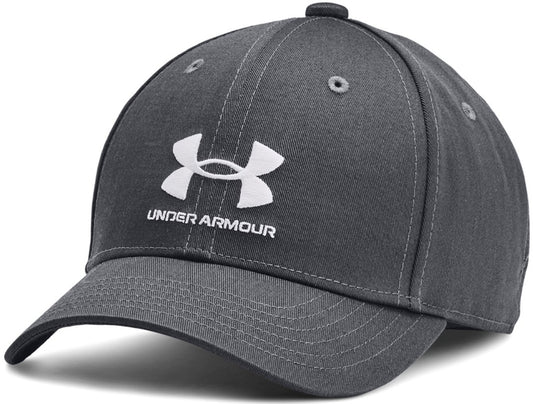 Casquette - Branded Lockup Under Armour grise à 6 panneaux avec logo blanc, ajustable, vue trois quarts avant