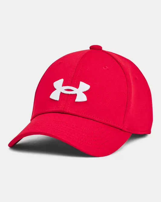 Casquette - UA Blitzing Under Armour rouge avec logo blanc, tricot texturé, pour garçon, vue de trois quarts face.