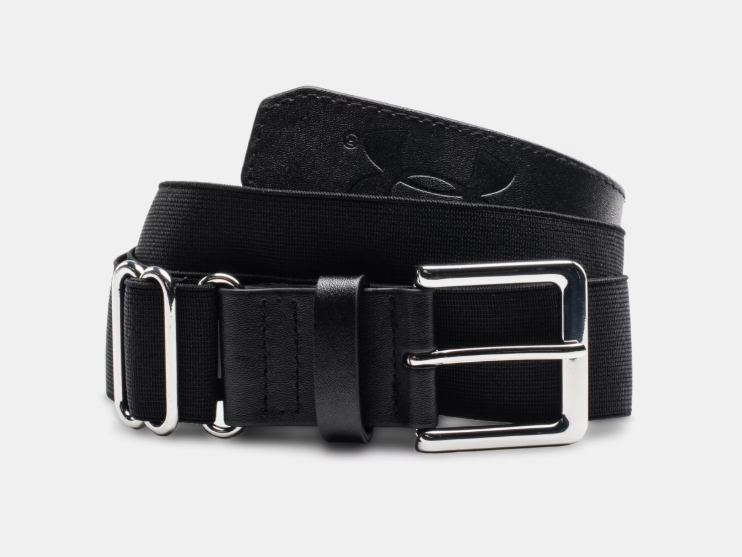 Ceinture de baseball - Under Armour noire avec boucle métallique argentée, construction élastique renforcée, pour garçon, vue détaillée.