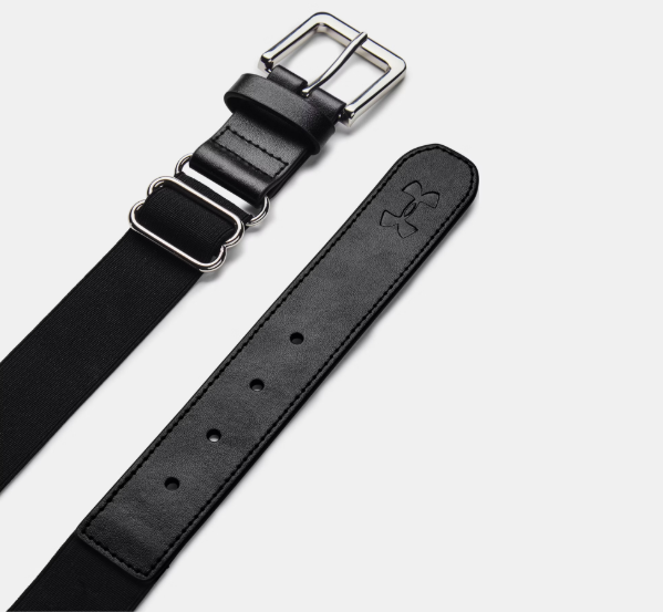 Ceinture de baseball - Under Armour noire avec boucle argentée, couture renforcée, style garçon, vue de dessus détail cuir