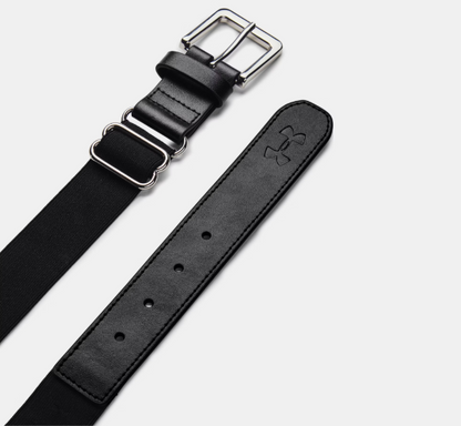 Ceinture de baseball - Under Armour noire avec boucle argentée, couture renforcée, style garçon, vue de dessus détail cuir