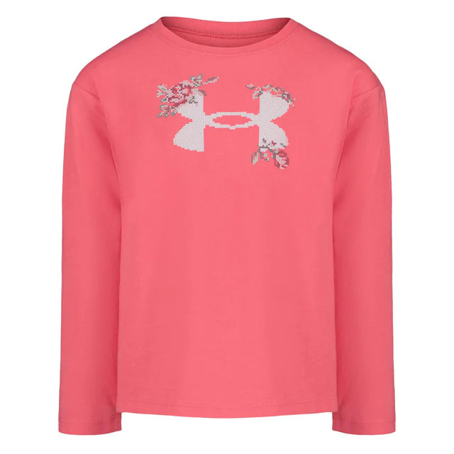 Chandail - Under Armour rose avec logo blanc décoré de fleurs, manches longues, 50% coton 50% polyester, pour fille, vue de face