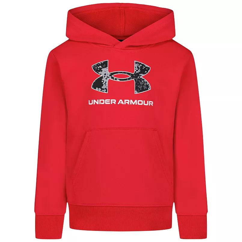 Hoodie - Under Armour rouge avec logo noir et blanc, style garçon, capuche, poche kangourou, vue de face.