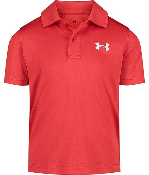 Polo - Under Armour rouge en polyester pour garçon avec logo blanc, col classique, vue de face.