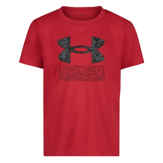 T-Shirt - Under Armour rouge avec logo noir camouflage, 100% polyester, style sport, pour garçon, vue de face