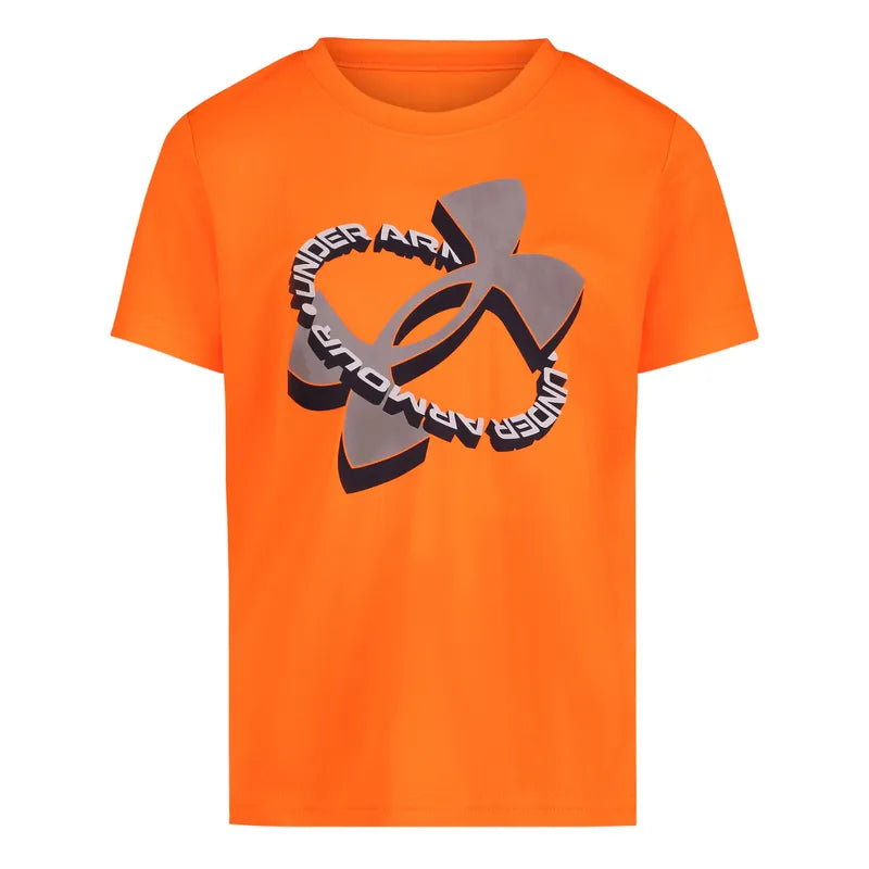 T-Shirt - Under Armour orange vif en coton avec grand logo gris et texte noir, style garçon, vue de face.