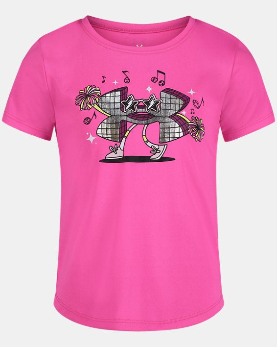 T-Shirt - Under Armour rose vif avec logo animé à lunettes étoiles et pompons, 100% polyester, pour fille, vue de face.
