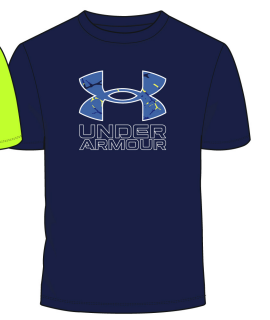 T-Shirt - Under Armour bleu marine avec logo bleu ciel et motifs jaunes, manches courtes, pour garçon, vue de face