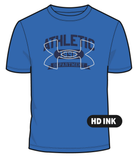 T-Shirt - Under Armour bleu avec logo et texte noir sur poitrine, 50% coton 50% polyester, pour garçon, vue de face.