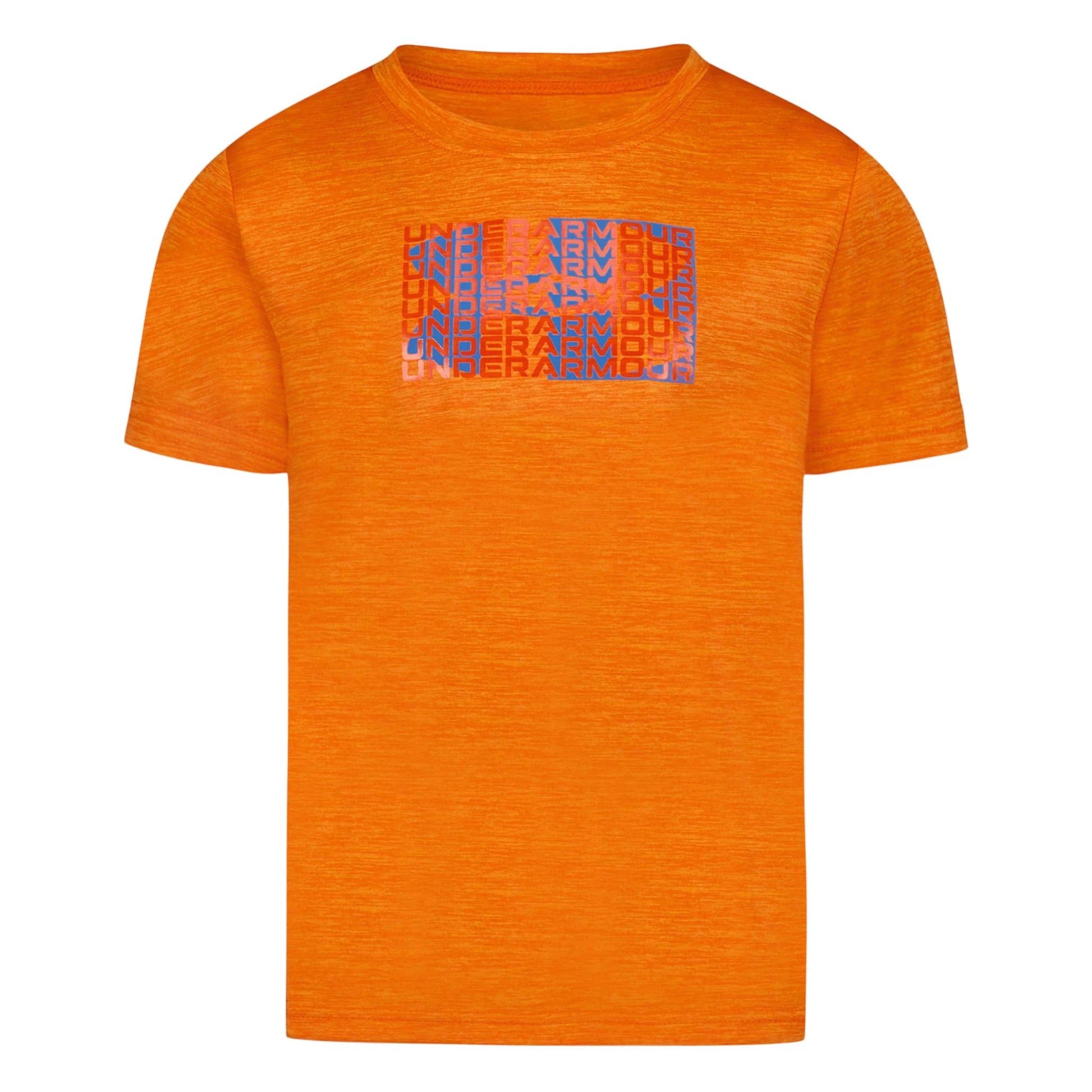 T-Shirt - Under Armour orange en polyester avec motif logo bleu, manches courtes, pour garçon, vue de face.