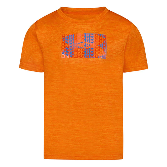 T-Shirt - Under Armour orange en polyester avec motif logo bleu, manches courtes, pour garçon, vue de face.