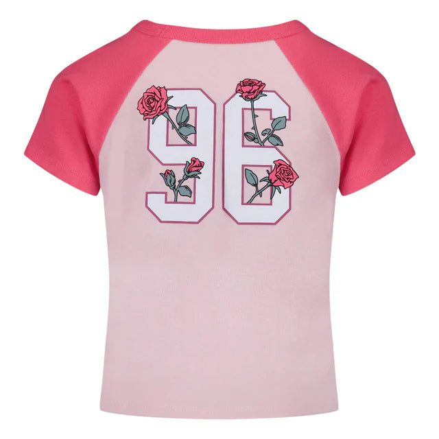 T-Shirt - Under Armour rose clair avec manches courtes fuchsia, motif 96 avec roses, pour fille, vue de dos.