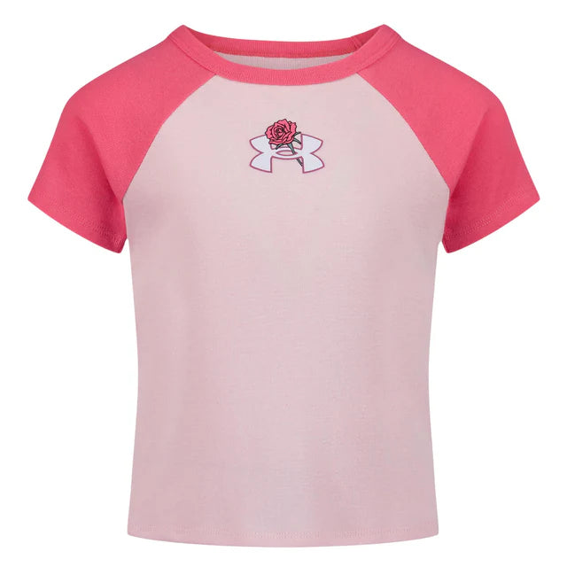 T-Shirt - Under Armour rose clair à manches raglan roses avec logo et rose brodés, pour fille, vue de face