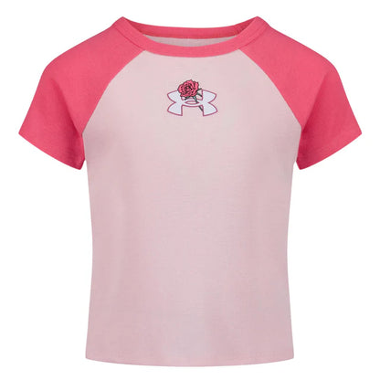 T-Shirt - Under Armour rose clair à manches raglan roses avec logo et rose brodés, pour fille, vue de face
