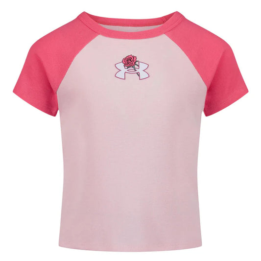 T-Shirt - Under Armour rose clair à manches raglan roses avec logo et rose brodés, pour fille, vue de face