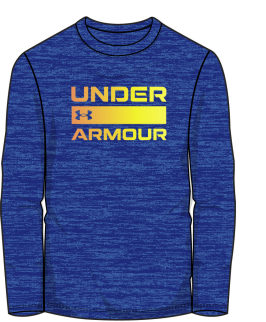 Chandail - Under Armour bleu chiné à manches longues avec logo jaune, en polyester, pour garçon, vue de face
