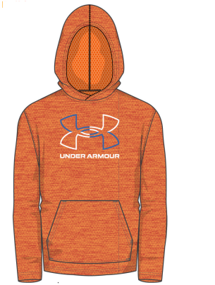 Chandail - Under Armour orange chiné avec capuche, logo bleu et blanc devant, tissu polyester, pour garçon, vue de face.