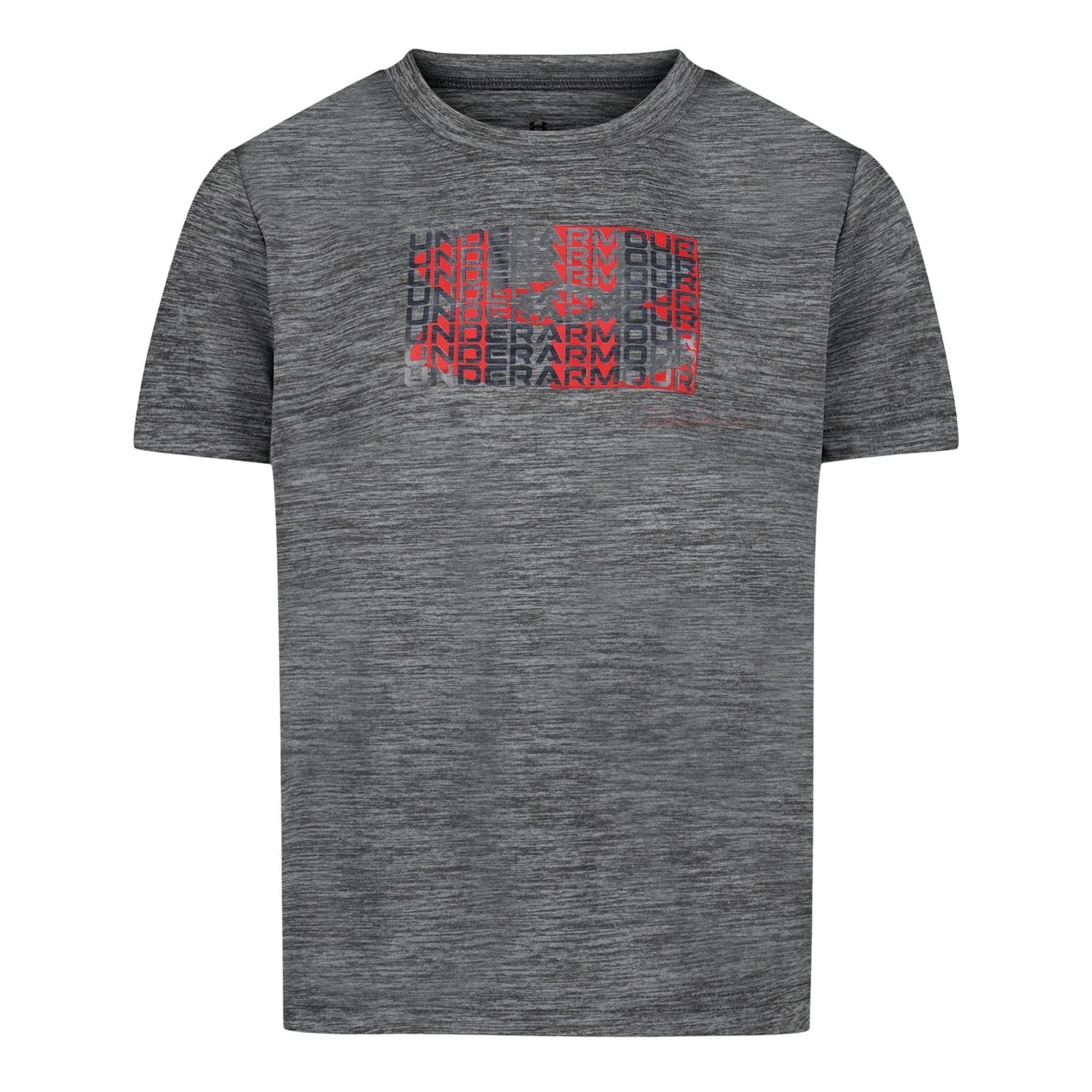 T-Shirt - Under Armour gris chiné avec logo rouge et noir imprimé, 100% polyester, pour garçon, vue de face.