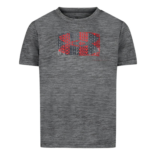 T-Shirt - Under Armour gris chiné avec logo rouge et noir imprimé, 100% polyester, pour garçon, vue de face.