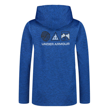 Chandail - Under Armour bleu à capuche avec logo imprimé au dos, tissu polyester, pour garçon, vue de dos.