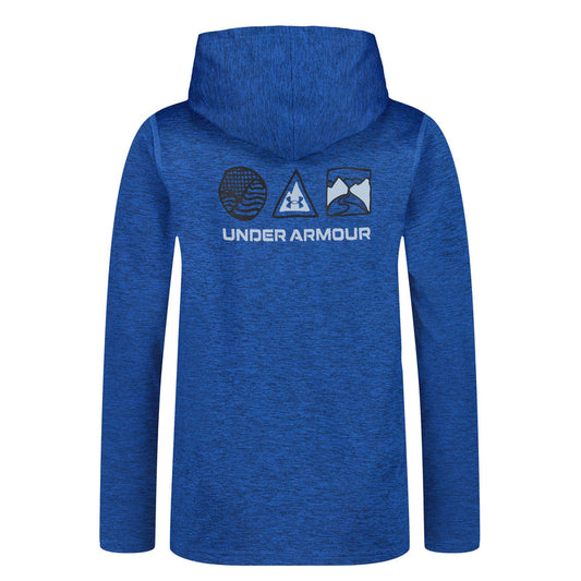 Chandail - Under Armour bleu à capuche avec logo imprimé au dos, tissu polyester, pour garçon, vue de dos.