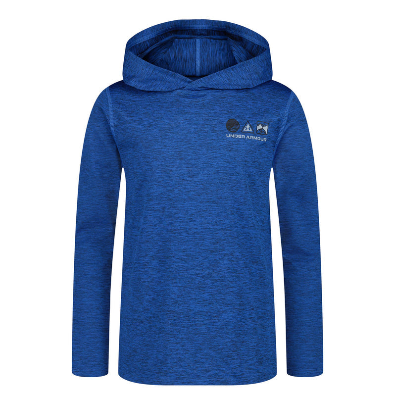 Chandail - Under Armour bleu à capuche en polyester et spandex, manches longues, pour garçon, vue de face.